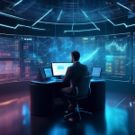 Create an image of a futuristic digital environment where a trader is surrounded by holographic screens displaying cryptocurrency charts and data. The trad