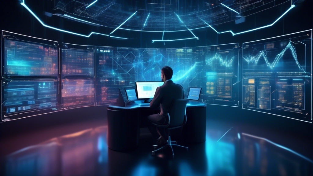 Create an image of a futuristic digital environment where a trader is surrounded by holographic screens displaying cryptocurrency charts and data. The trad