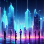 Create an image that depicts a futuristic digital cityscape with glowing skyscrapers, where people are engaged in trading cryptocurrencies on holographic s