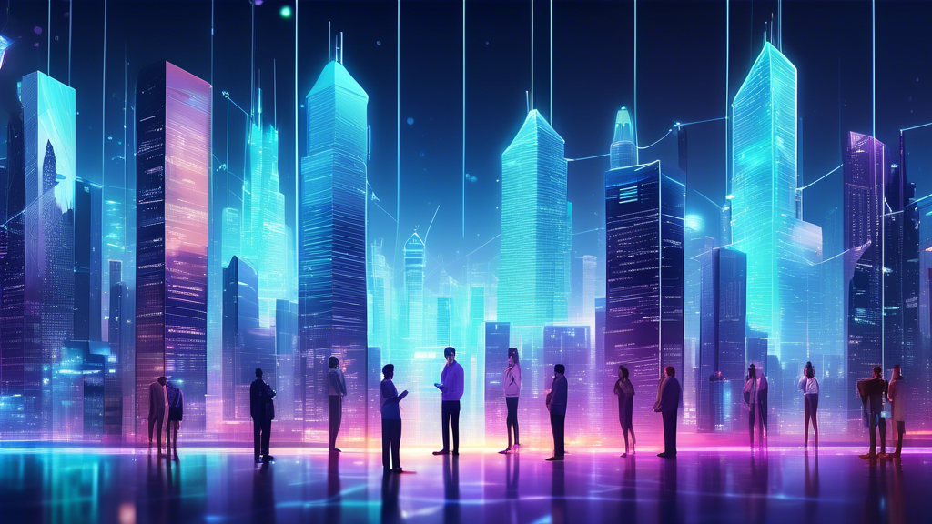 Create an image that depicts a futuristic digital cityscape with glowing skyscrapers, where people are engaged in trading cryptocurrencies on holographic s