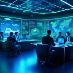 Create an image depicting a futuristic digital trading room where analysts are engaged with holographic screens displaying various cryptocurrency data char