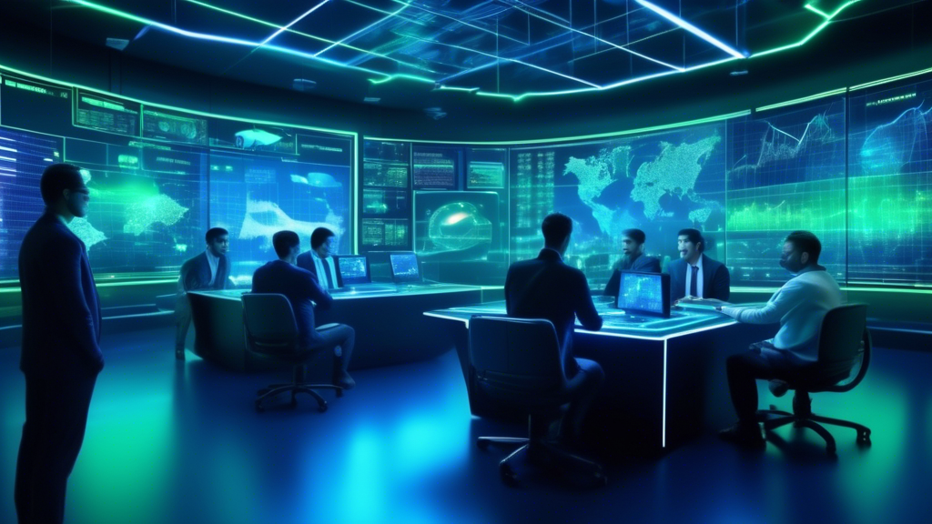 Create an image depicting a futuristic digital trading room where analysts are engaged with holographic screens displaying various cryptocurrency data char