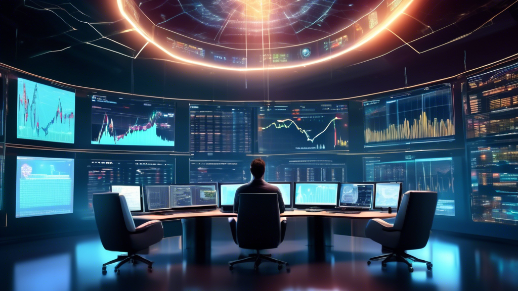 Create an image of a futuristic digital trading room with multiple large screens displaying various cryptocurrency charts and graphs. The room is sleek and