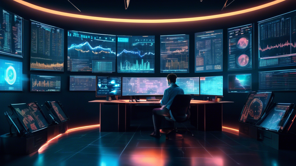 Create an image of a futuristic, high-tech trading room filled with multiple digital screens displaying various cryptocurrency charts and graphs. In the ce