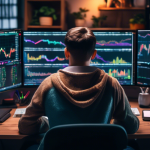 Create an image of a young person sitting at a desk with dual computer monitors displaying colorful charts and graphs related to cryptocurrency trading. Th