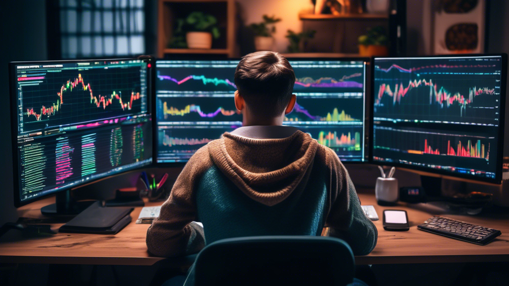 Create an image of a young person sitting at a desk with dual computer monitors displaying colorful charts and graphs related to cryptocurrency trading. Th