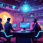 Create an image depicting a futuristic trading room with multiple screens displaying cryptocurrency charts and graphs. In the center, a diverse group of tr