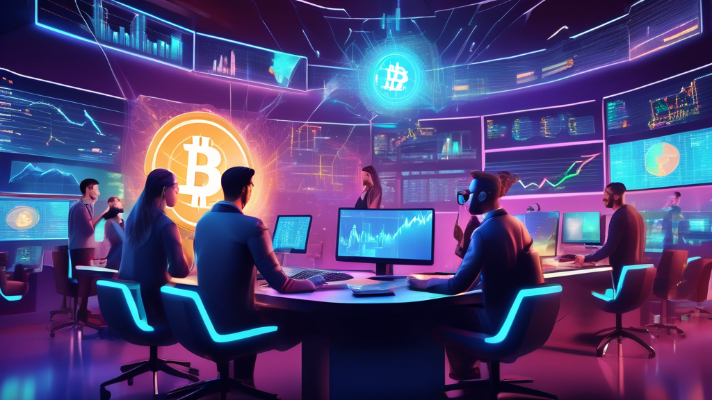 Create an image depicting a futuristic trading room with multiple screens displaying cryptocurrency charts and graphs. In the center, a diverse group of tr