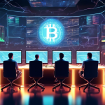 Create an image illustrating the concept of mastering crypto trading. The scene is set in a modern, high-tech trading room filled with large monitors displ