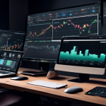 Create an image depicting a modern and sleek online masterclass setup focused on cryptocurrency trading. The scene should include multiple computer screens