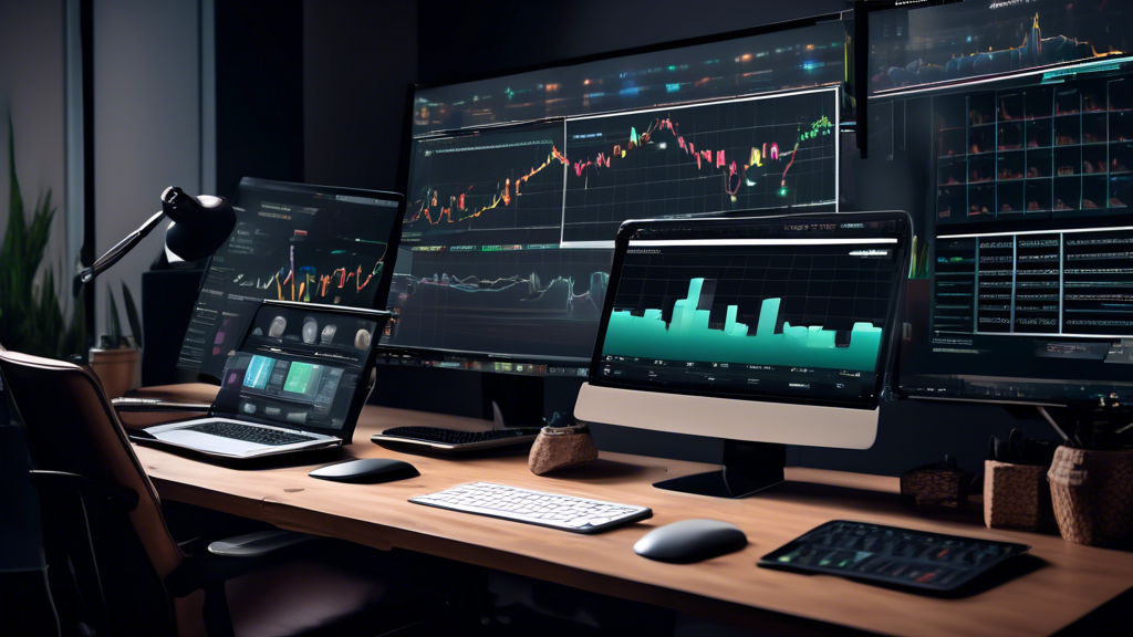 Create an image depicting a modern and sleek online masterclass setup focused on cryptocurrency trading. The scene should include multiple computer screens