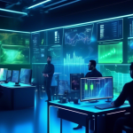 Create an image of a futuristic digital workspace where a diverse group of traders are analyzing crypto market patterns on large, holographic screens. The