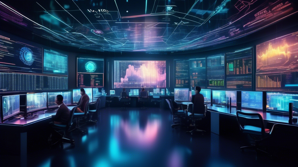 Create an image of a futuristic, high-tech financial trading room where diverse traders are intently analyzing multiple digital screens filled with charts,