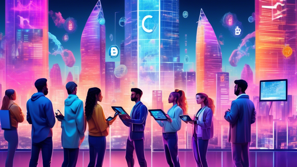 Create an image of a futuristic and vibrant digital cityscape, where giant transparent screens display graphs and charts of cryptocurrency trades in the sk