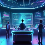 Create an illustration of a futuristic digital trading room filled with holographic screens displaying real-time cryptocurrency data and graphs. The room i