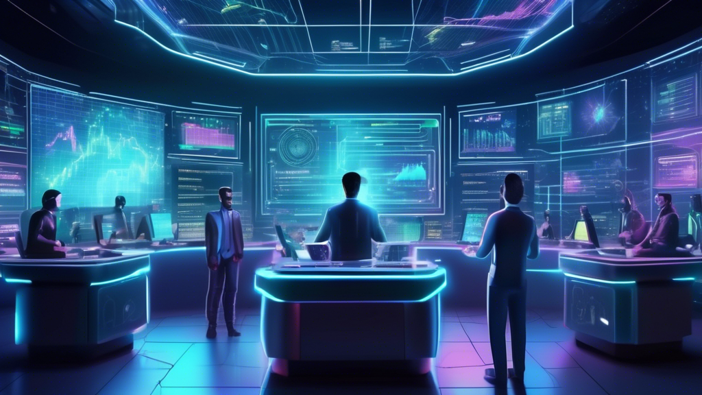 Create an illustration of a futuristic digital trading room filled with holographic screens displaying real-time cryptocurrency data and graphs. The room i