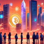 Create an image of a digital landscape that embodies the concept of cryptocurrency trading. The scene should feature a futuristic cityscape with towering s