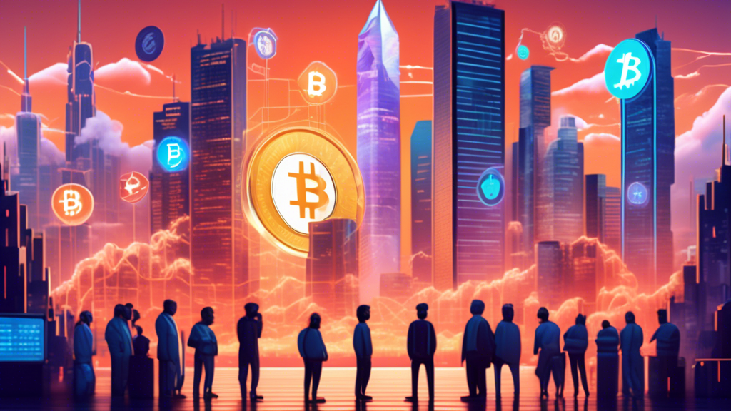 Create an image of a digital landscape that embodies the concept of cryptocurrency trading. The scene should feature a futuristic cityscape with towering s