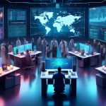 Create an image of a futuristic digital trading floor filled with holographic screens displaying cryptocurrency charts and data. In the center, a diverse g