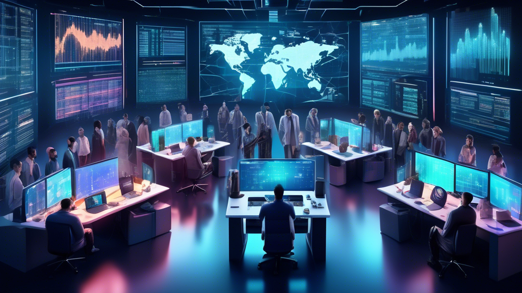 Create an image of a futuristic digital trading floor filled with holographic screens displaying cryptocurrency charts and data. In the center, a diverse g