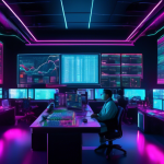 Create an image of a futuristic, high-tech crypto trading command center. The command center is filled with multiple large screens displaying real-time cry