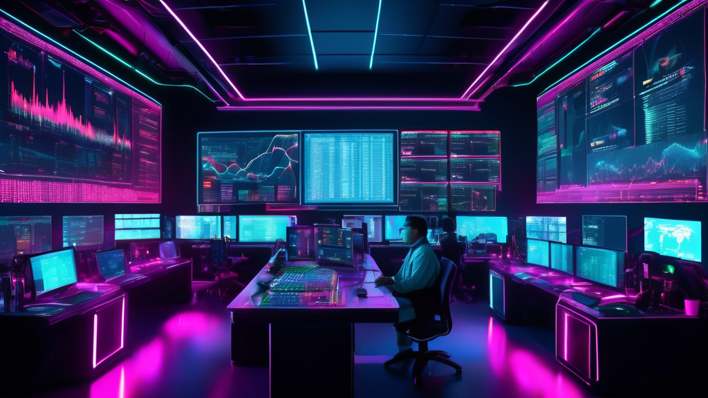 Create an image of a futuristic, high-tech crypto trading command center. The command center is filled with multiple large screens displaying real-time cry