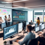 Create an image of a modern office setting with multiple computer screens displaying various cryptocurrency charts. A group of diverse, focused individuals