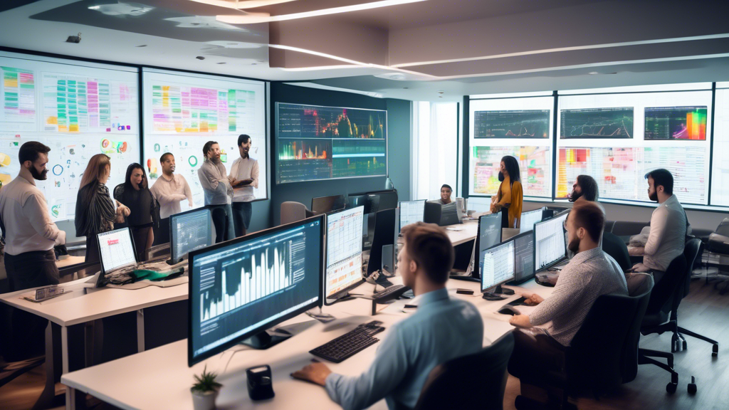 Create an image of a modern office setting with multiple computer screens displaying various cryptocurrency charts. A group of diverse, focused individuals