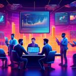 Create an illustration that depicts a futuristic data analysis lab where a diverse group of traders are skillfully engaging with multiple screens filled wi