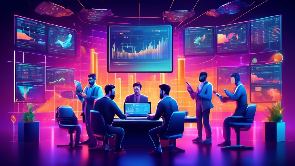 Create an illustration that depicts a futuristic data analysis lab where a diverse group of traders are skillfully engaging with multiple screens filled wi