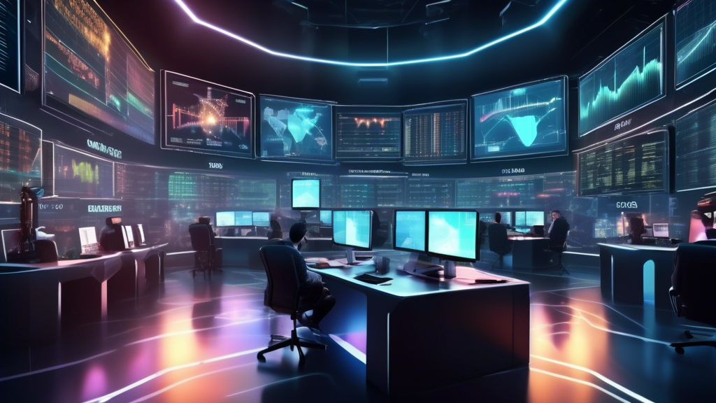 Create an image of a futuristic trading room filled with advanced technology and large digital screens displaying real-time cryptocurrency market data. The