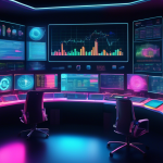 Create an image showcasing a futuristic trading desk with multiple digital screens displaying various cryptocurrency charts and analytical data. The room i