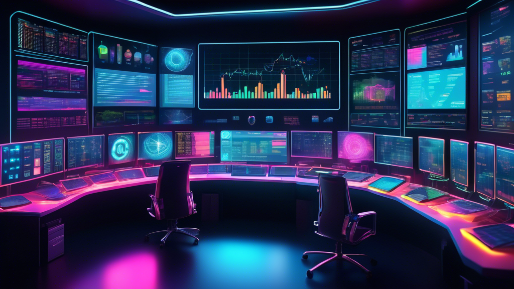 Create an image showcasing a futuristic trading desk with multiple digital screens displaying various cryptocurrency charts and analytical data. The room i