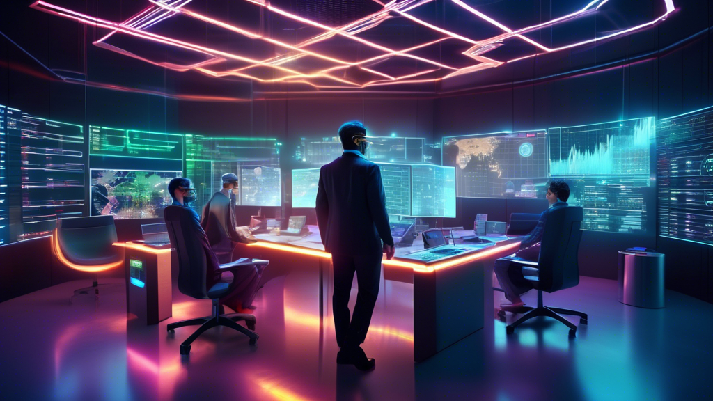 Create an image of a futuristic digital trading room filled with holographic screens displaying various cryptocurrencies in real-time. Traders, dressed in