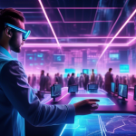 Create an image depicting a futuristic digital trading floor bustling with activity, where traders are analyzing holographic screens displaying cryptocurre