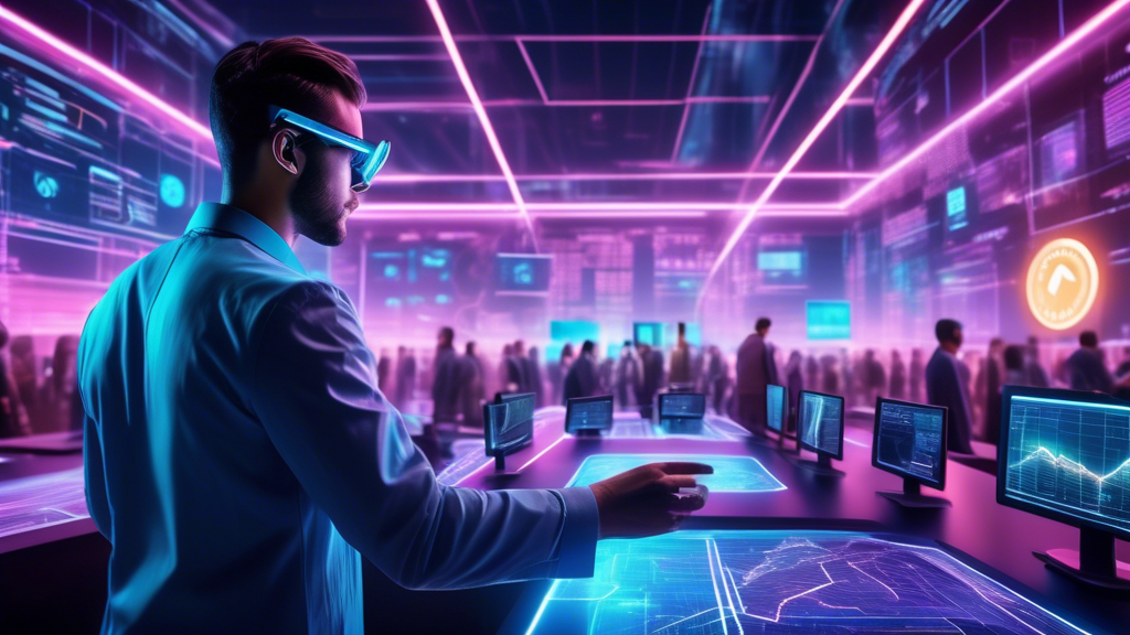 Create an image depicting a futuristic digital trading floor bustling with activity, where traders are analyzing holographic screens displaying cryptocurre