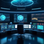 Create a detailed and visually engaging image of an advanced cryptocurrency trading room. The room features multiple large monitors displaying complex trad