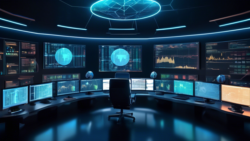 Create a detailed and visually engaging image of an advanced cryptocurrency trading room. The room features multiple large monitors displaying complex trad