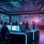 Create an image of a futuristic trading room where expert traders are deeply engaged in advanced crypto trading. The room is filled with high-tech monitors