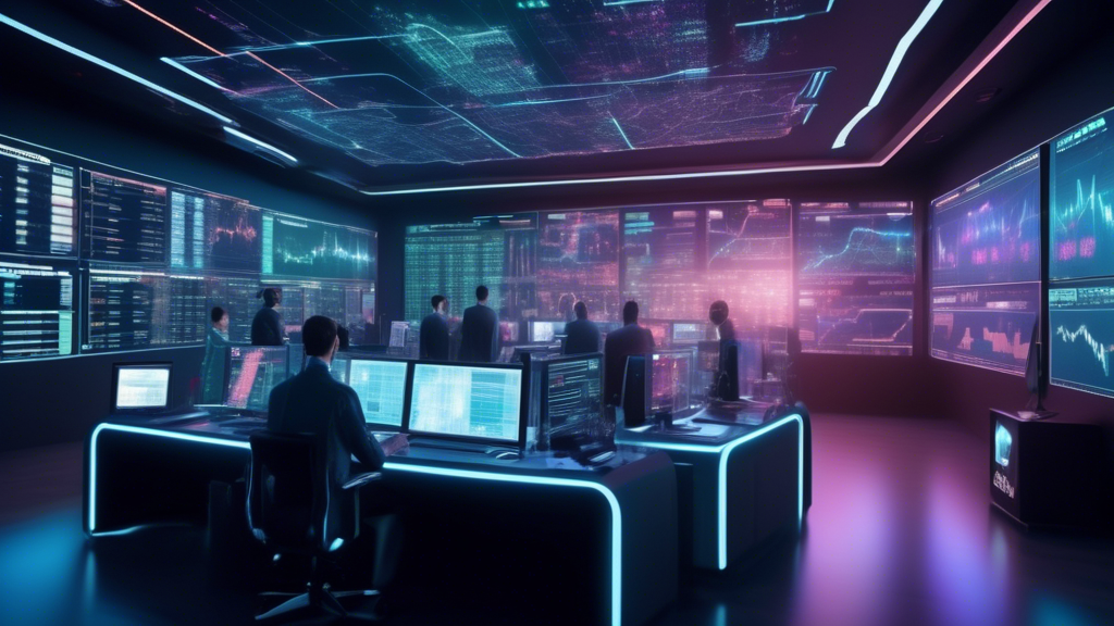 Create an image of a futuristic trading room where expert traders are deeply engaged in advanced crypto trading. The room is filled with high-tech monitors