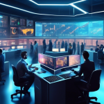 Create a detailed and visually engaging image depicting a futuristic trading room, filled with advanced technology such as holographic displays and digital