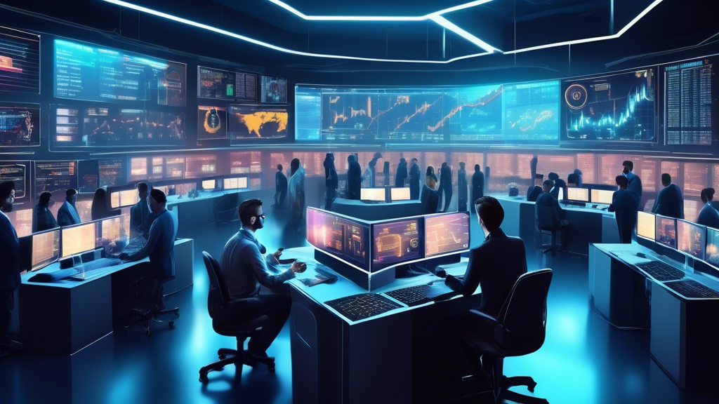 Create a detailed and visually engaging image depicting a futuristic trading room, filled with advanced technology such as holographic displays and digital