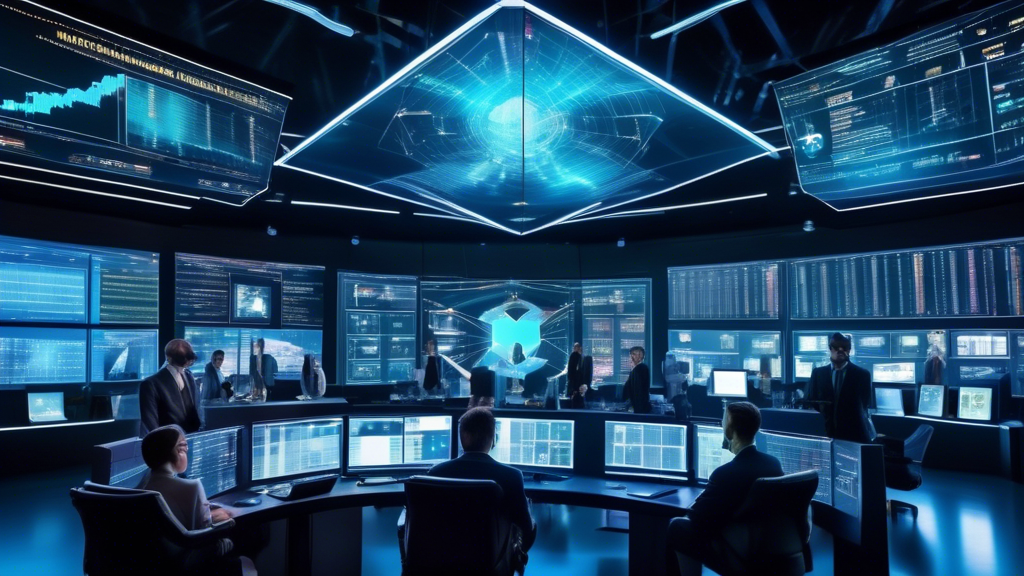 Create an image of a futuristic financial trading floor with digital screens displaying graphs, charts, and cryptocurrency symbols. The room is filled with