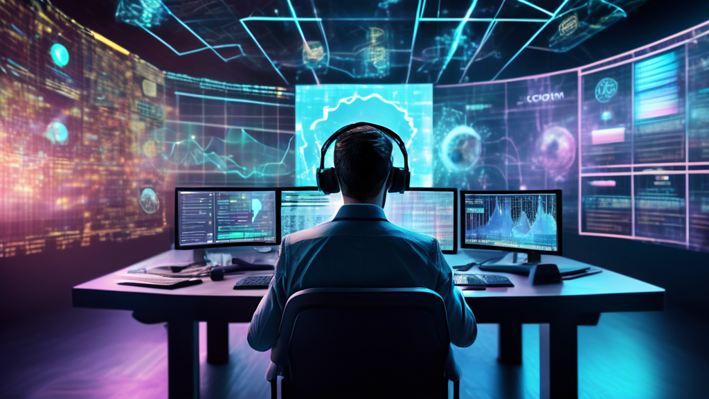 Create an image of a futuristic trading room filled with holographic screens displaying various cryptocurrency charts and data. In the forefront, a focused