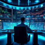 Create an image of a futuristic control room filled with digital screens displaying complex graphs and charts of cryptocurrency prices. In the center, a co