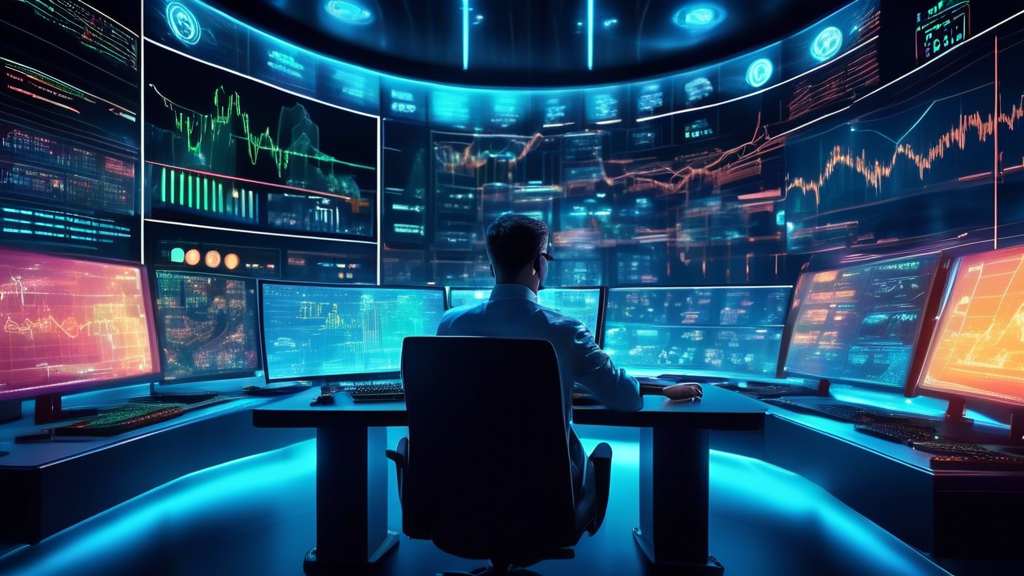 Create an image of a futuristic control room filled with digital screens displaying complex graphs and charts of cryptocurrency prices. In the center, a co