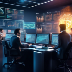 Create an image that illustrates a sophisticated and futuristic trading room designed for institutional investors. The room is filled with multiple high-te