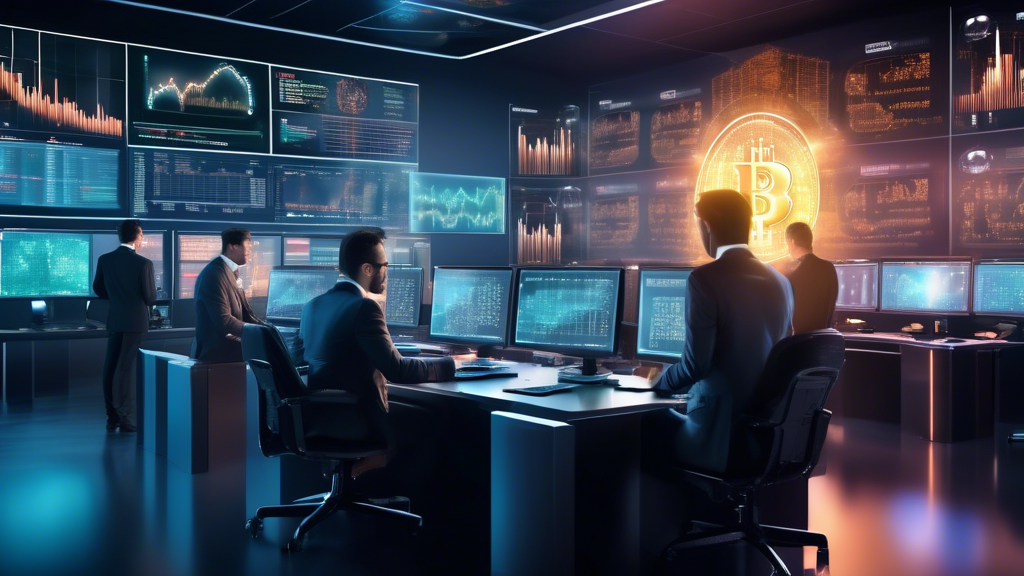 Create an image that illustrates a sophisticated and futuristic trading room designed for institutional investors. The room is filled with multiple high-te