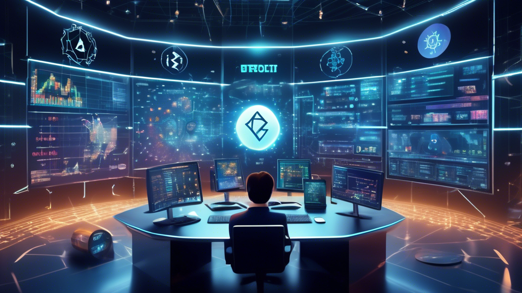 Create an image depicting a futuristic cryptocurrency trading room filled with multiple digital screens displaying fluctuating crypto charts and graphs. In