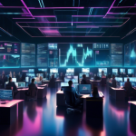 An image of a futuristic trading floor filled with digital screens displaying crypto asset charts and data. Traders of diverse backgrounds are engaging in